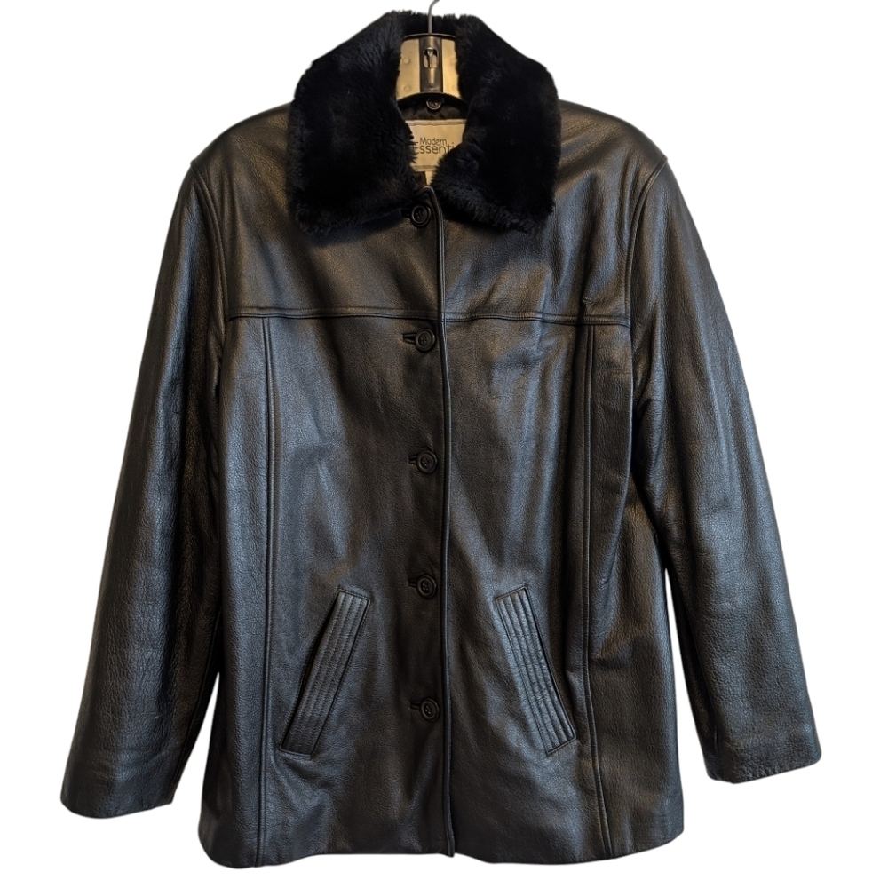 Modern Essentials Black Leather Jacket Faux Fur Color Button Down Women's Size S